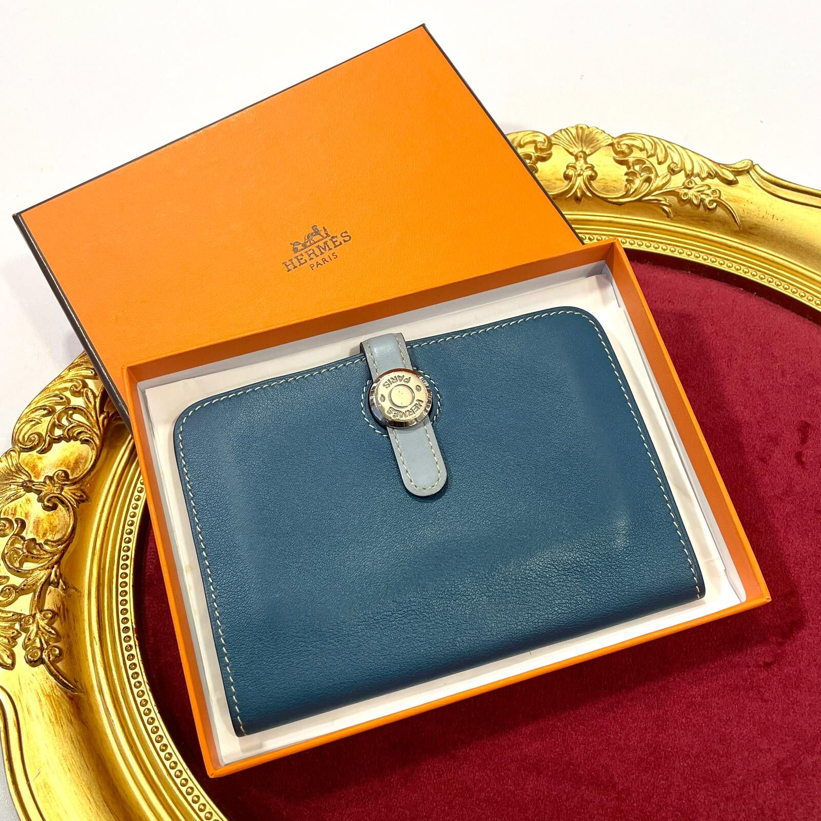 95%NEW二手HERMES短銀包/卡片套 DOGON COMPACT WALLET SWIFT PHW 藍色銀扣TC皮 #香榭站正品