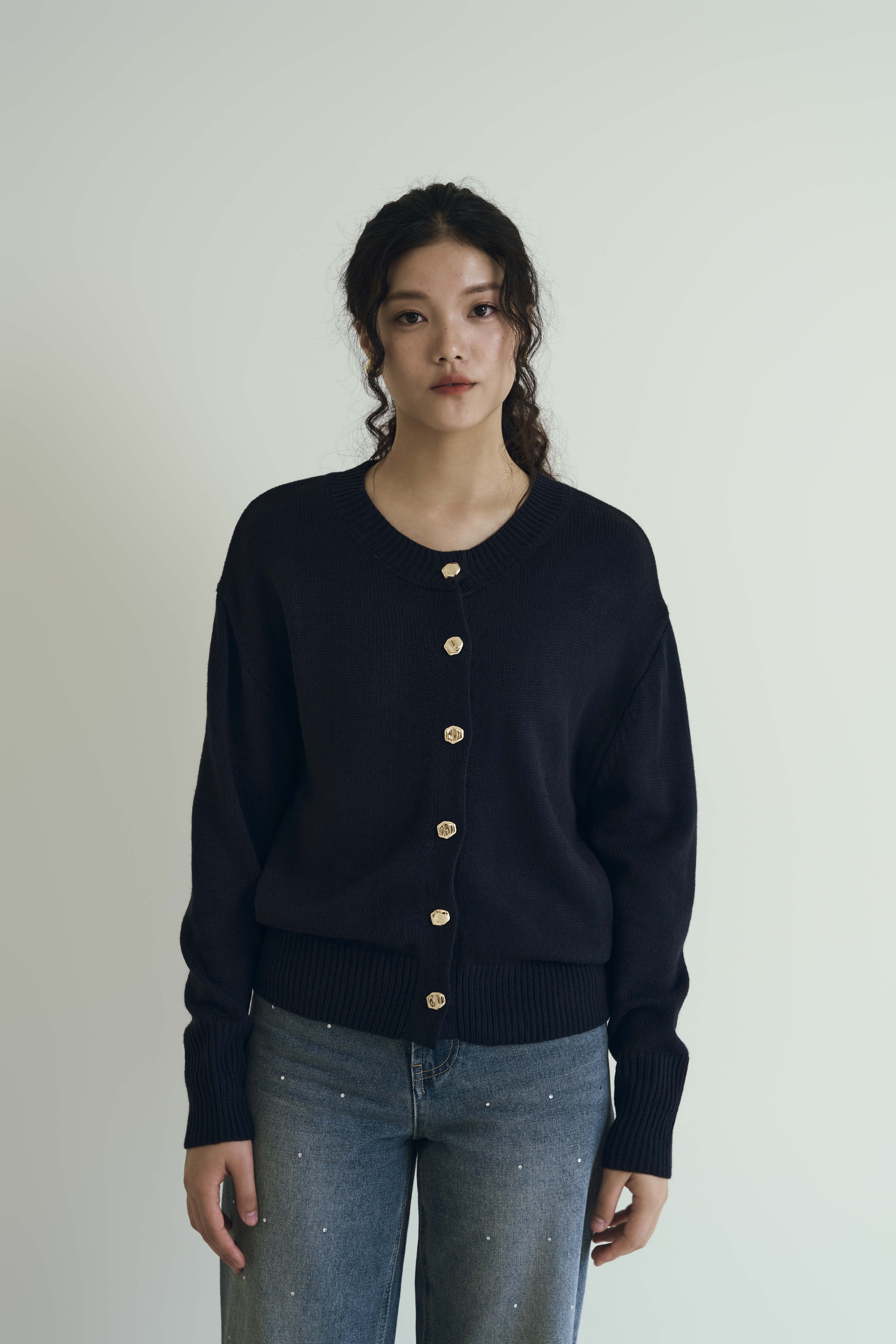 Gmade/藍調香頌金釦開襟針織外套-深藍
