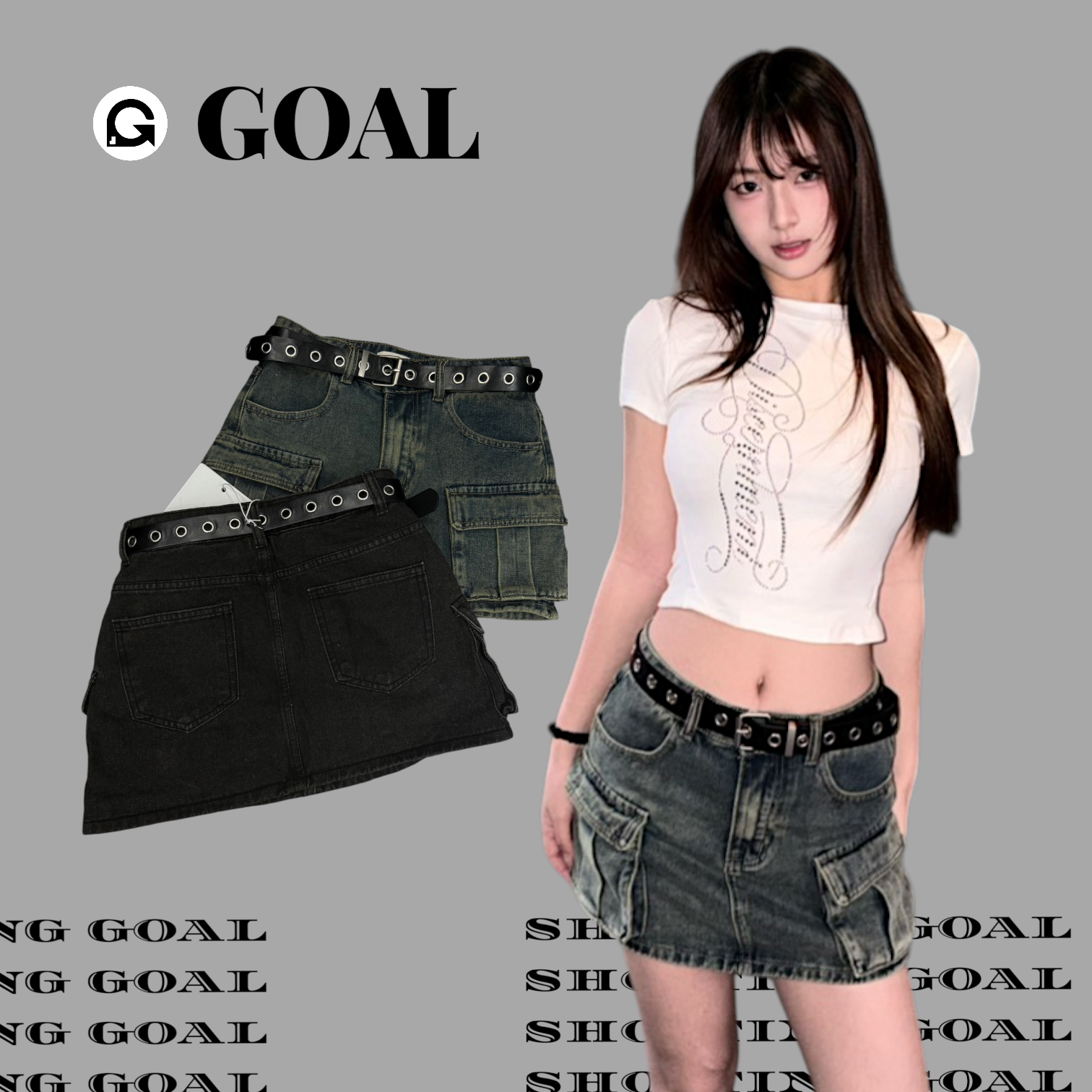 (GOAL) 復古水洗工裝短裙 (附皮帶) JUNE 919136