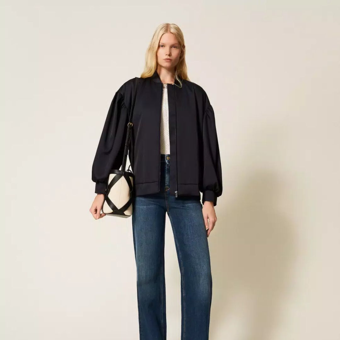 1TS0319-007 [TWINSET] Duchess Bomber Jacket with Ruffles Black #261TP2750 (C-EU-E)