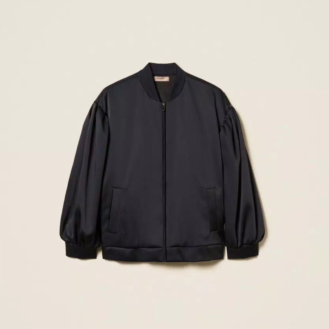 1TS0319-007 [TWINSET] Duchess Bomber Jacket with Ruffles Black #261TP2750 (C-EU-E)