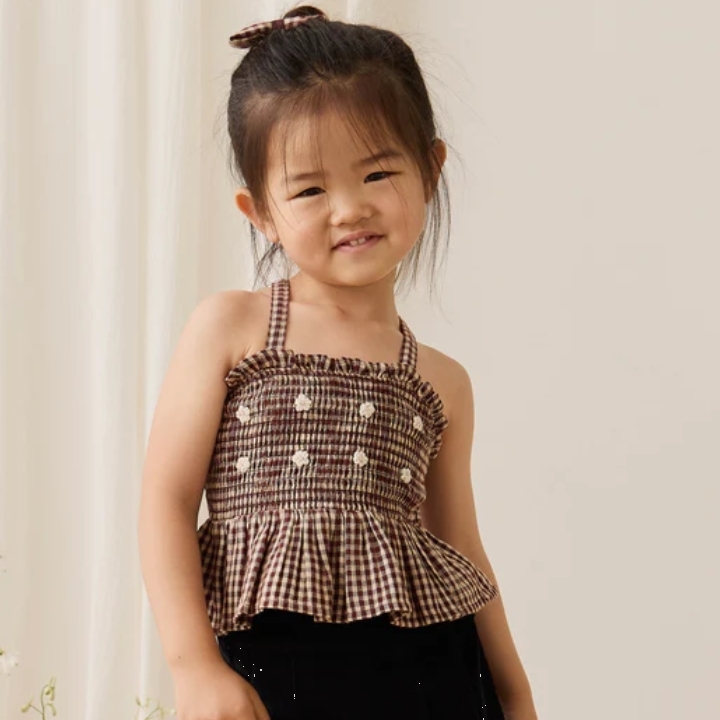 （預購）JAMIEKAY 格紋小花抓皺傘擺吊帶上衣 Organic Cotton Auden Top - Cinnamon Gingham