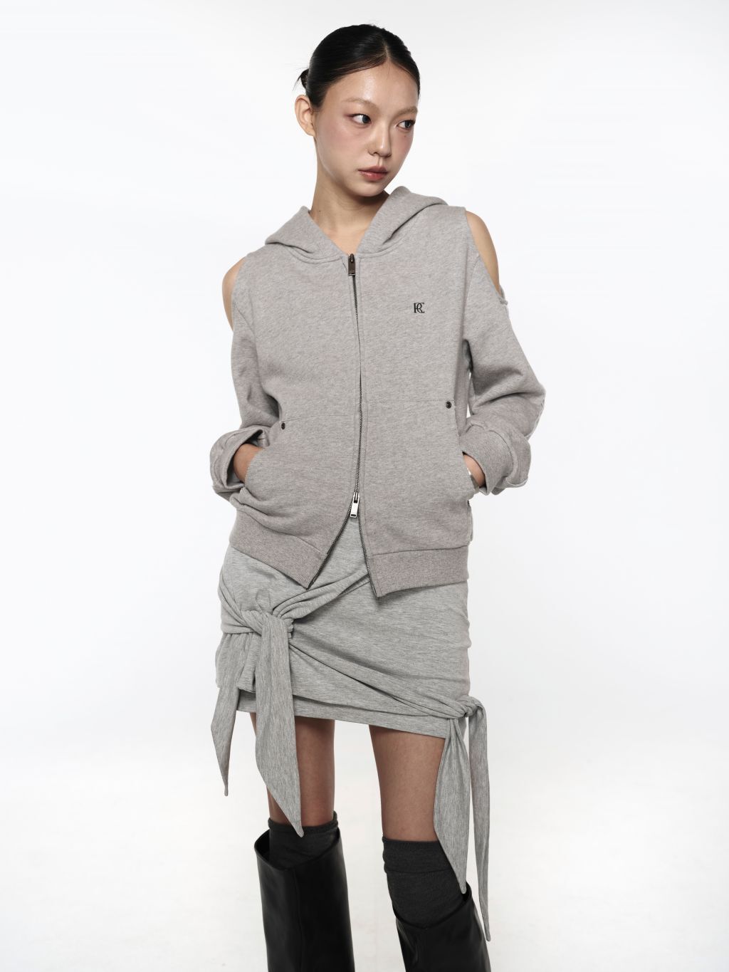 【現貨】Offset Cutout Zip Up Hoodie - Gray
