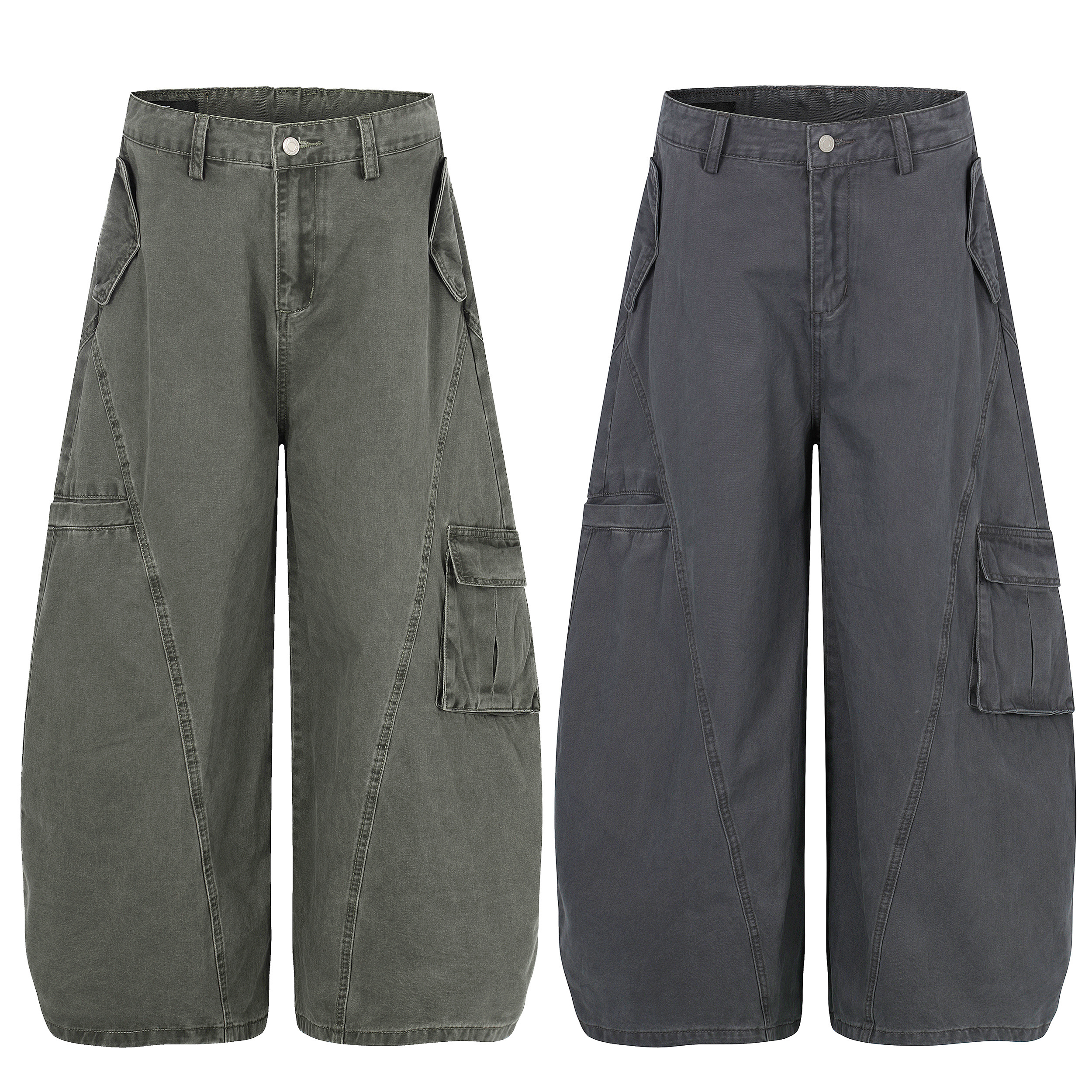 《S.V》不對稱口袋斜紋彎刀褲