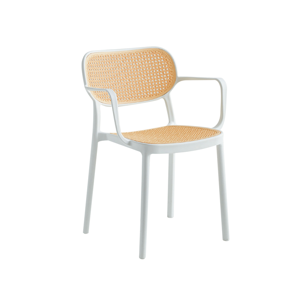 柏蒂家居-亞可白色休閒扶手餐椅/陽台塑膠藤編造型椅/戶外庭院椅/洽談椅/單椅
