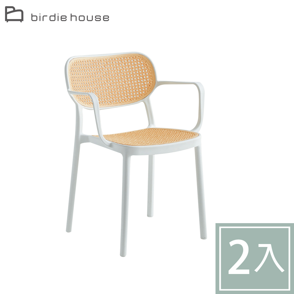 柏蒂家居-亞可白色休閒扶手餐椅/陽台塑膠藤編造型椅/戶外庭院椅/洽談椅-二入組合