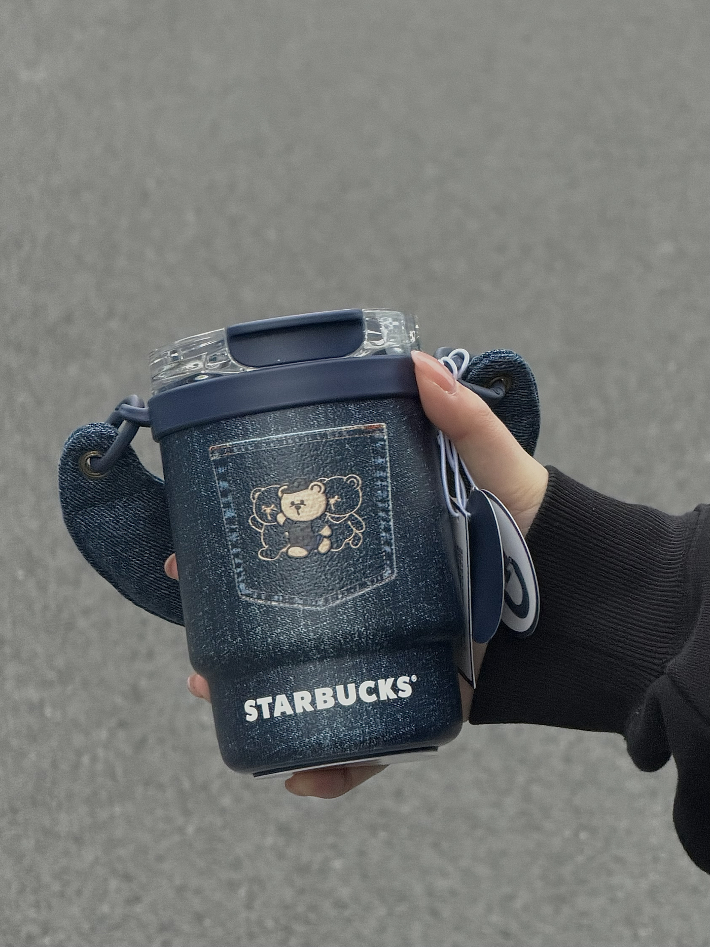 代購-Starbucks星巴克 丹寧星咖系列 保溫杯 帶提手 便攜雙飲口杯 牛仔藍 435ml