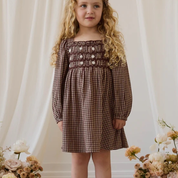 （預購）JAMIEKAY 格紋小花壓褶方領洋裝 Organic Cotton Cecile Dress - Cinnamon Gingham