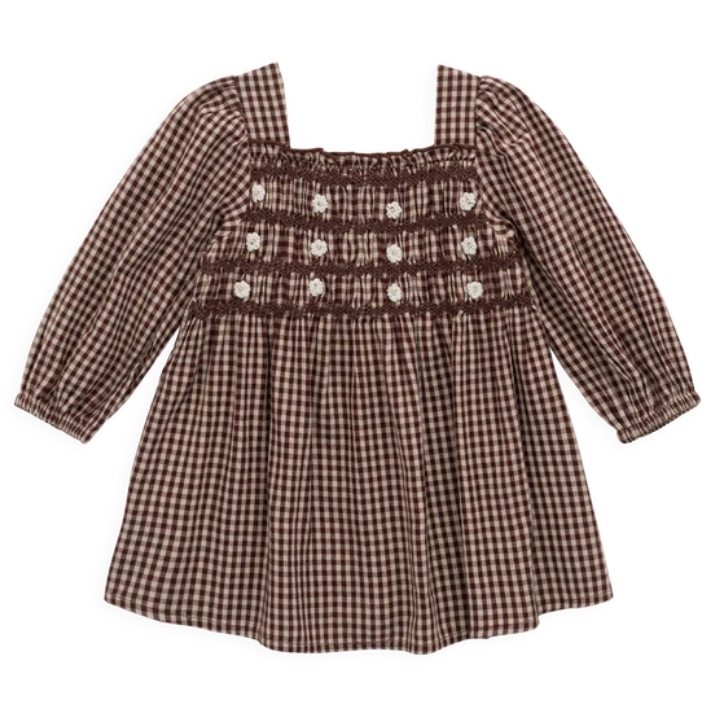 （預購）JAMIEKAY 格紋小花壓褶方領洋裝 Organic Cotton Cecile Dress - Cinnamon Gingham