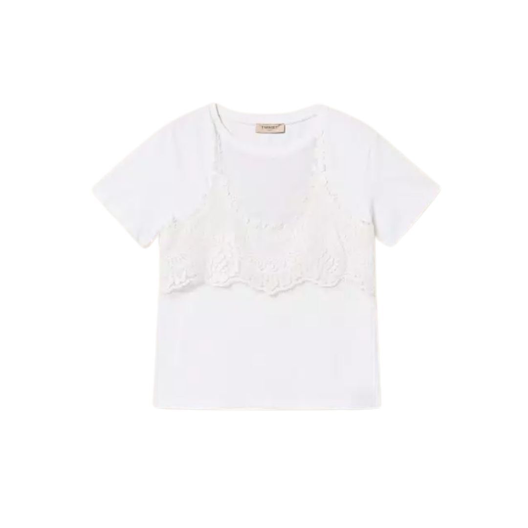 1TS0319-117 [TWINSET] Trompe L'oeil T-Shirt With Lace White #261TT2490 (C-EU-E)