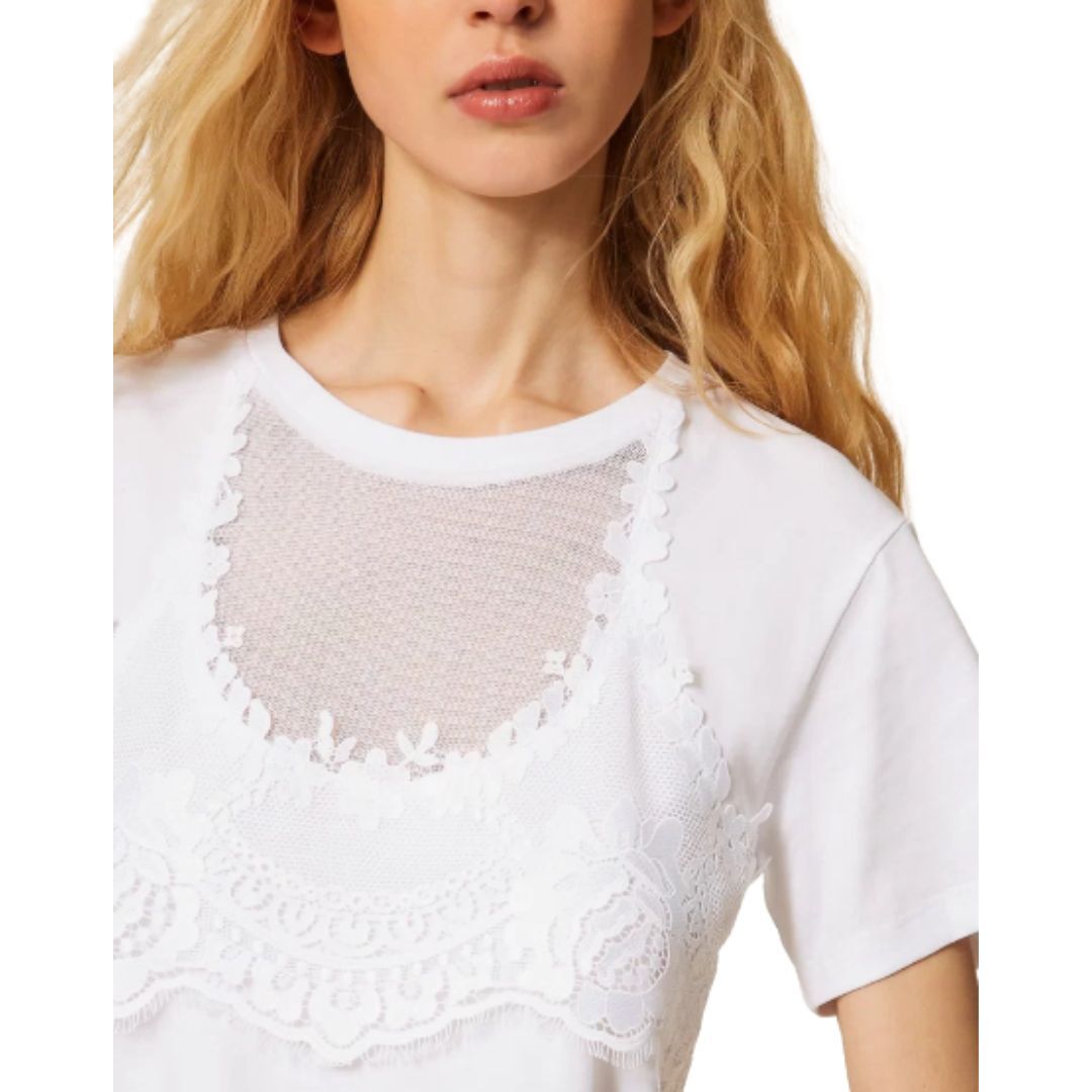 1TS0319-117 [TWINSET] Trompe L'oeil T-Shirt With Lace White #261TT2490 (C-EU-E)
