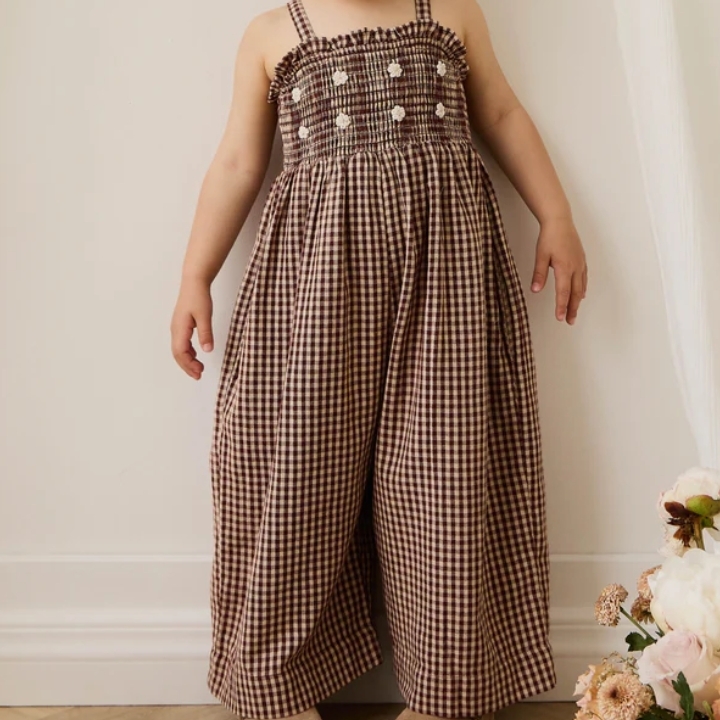 （預購）JAMIEKAY 格紋小花抓皺吊帶褲 Organic Cotton Solenne Jumpsuit - Cinnamon Gingham