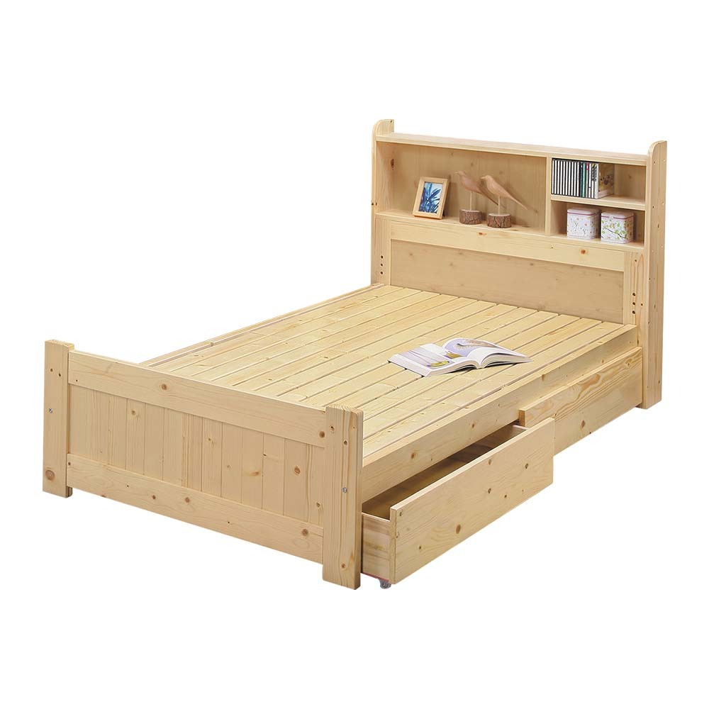 柏蒂家居-約克3.5尺單人書架型松木床架-附收納抽屜2入