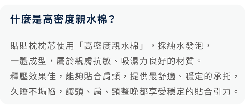 常見問題：什麼是高密度親水棉？說明其為一體成型、觸感柔軟、吸濕性佳且服貼度高的人體工學材質。
