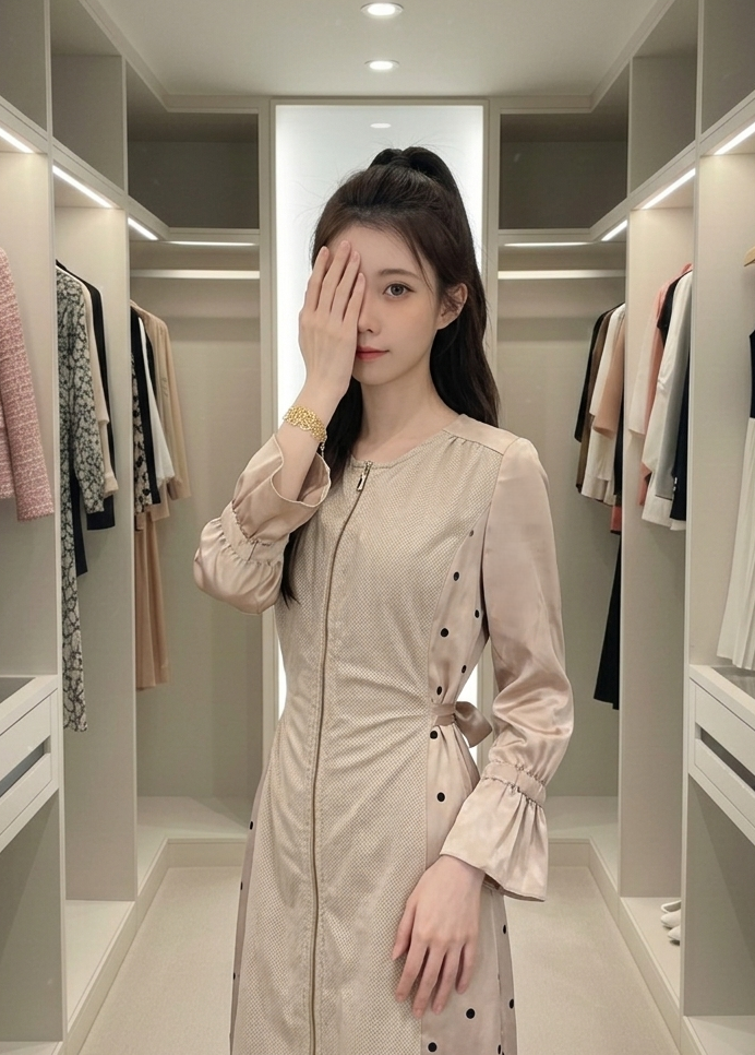 法式香檳金光澤感拼接點點連身裙 C367