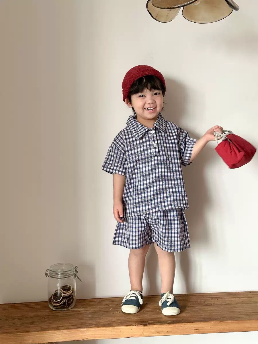 格紋襯衫短袖套裝