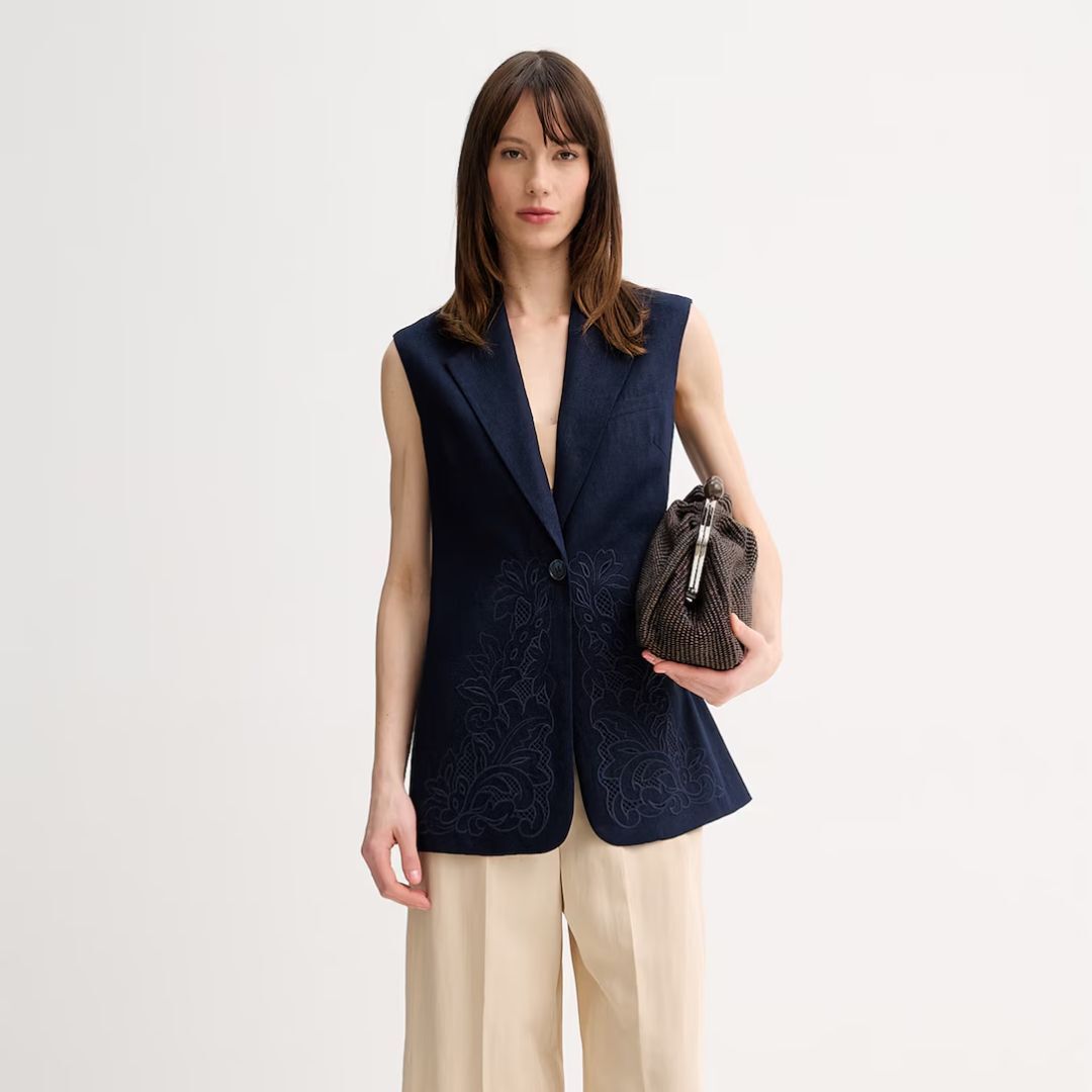 1TS0319-012 [TWINSET] Single-Breasted Women's Vest with Linen Navy #261TP2314 (C-EU-E)