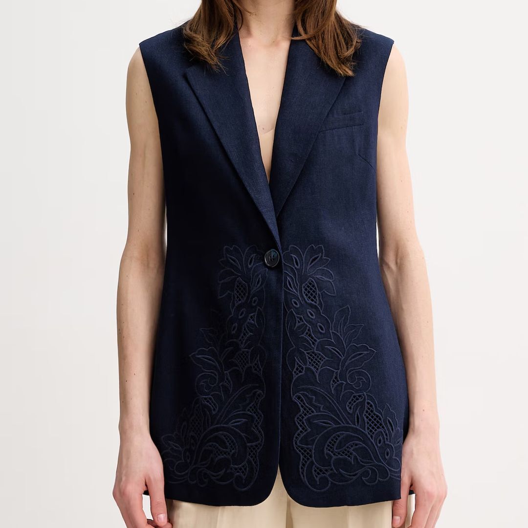 1TS0319-012 [TWINSET] Single-Breasted Women's Vest with Linen Navy #261TP2314 (C-EU-E)