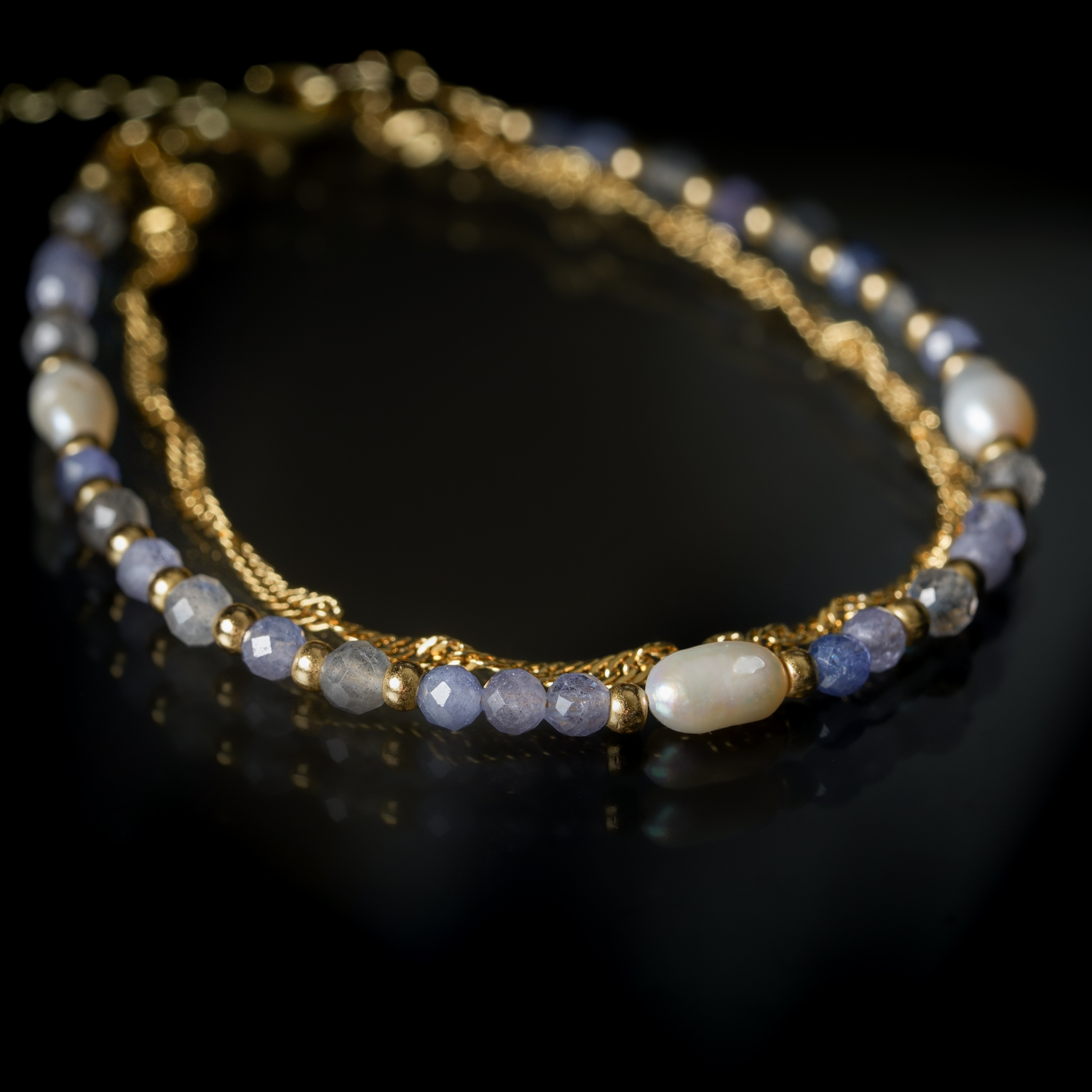 癮性美｜珍珠拉長石丹泉石銅鍍18k真金鏈條手鍊 B0033