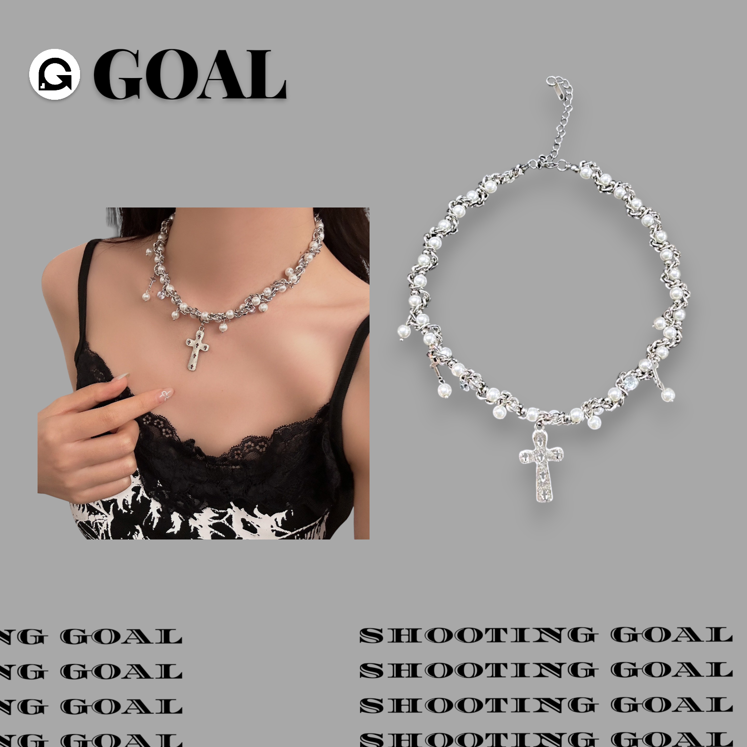 (GOAL) 鏤空十字架珍珠項鏈 鎖骨鍊