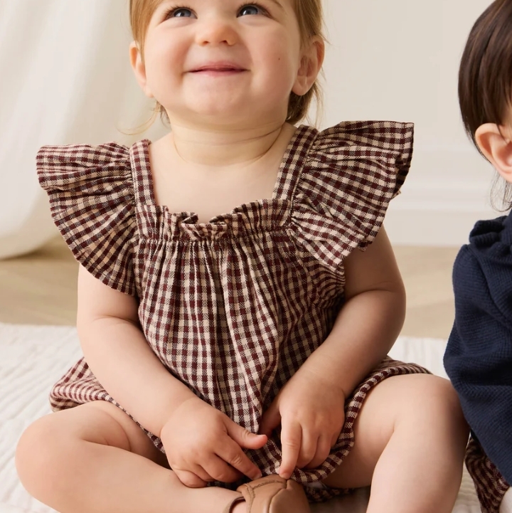 （預購）JAMIEKAY 方領格紋荷葉袖包屁衣 Organic Cotton Harriet Playsuit - Cinnamon Gingham
