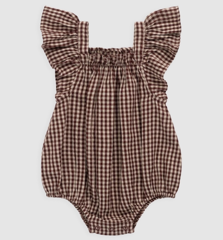 （預購）JAMIEKAY 方領格紋荷葉袖包屁衣 Organic Cotton Harriet Playsuit - Cinnamon Gingham