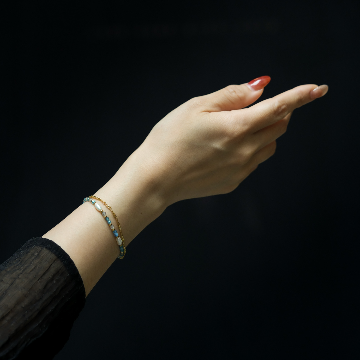 高維美｜珍珠拉長石磷灰石銅鍍18k真金鏈條手鍊 B0034