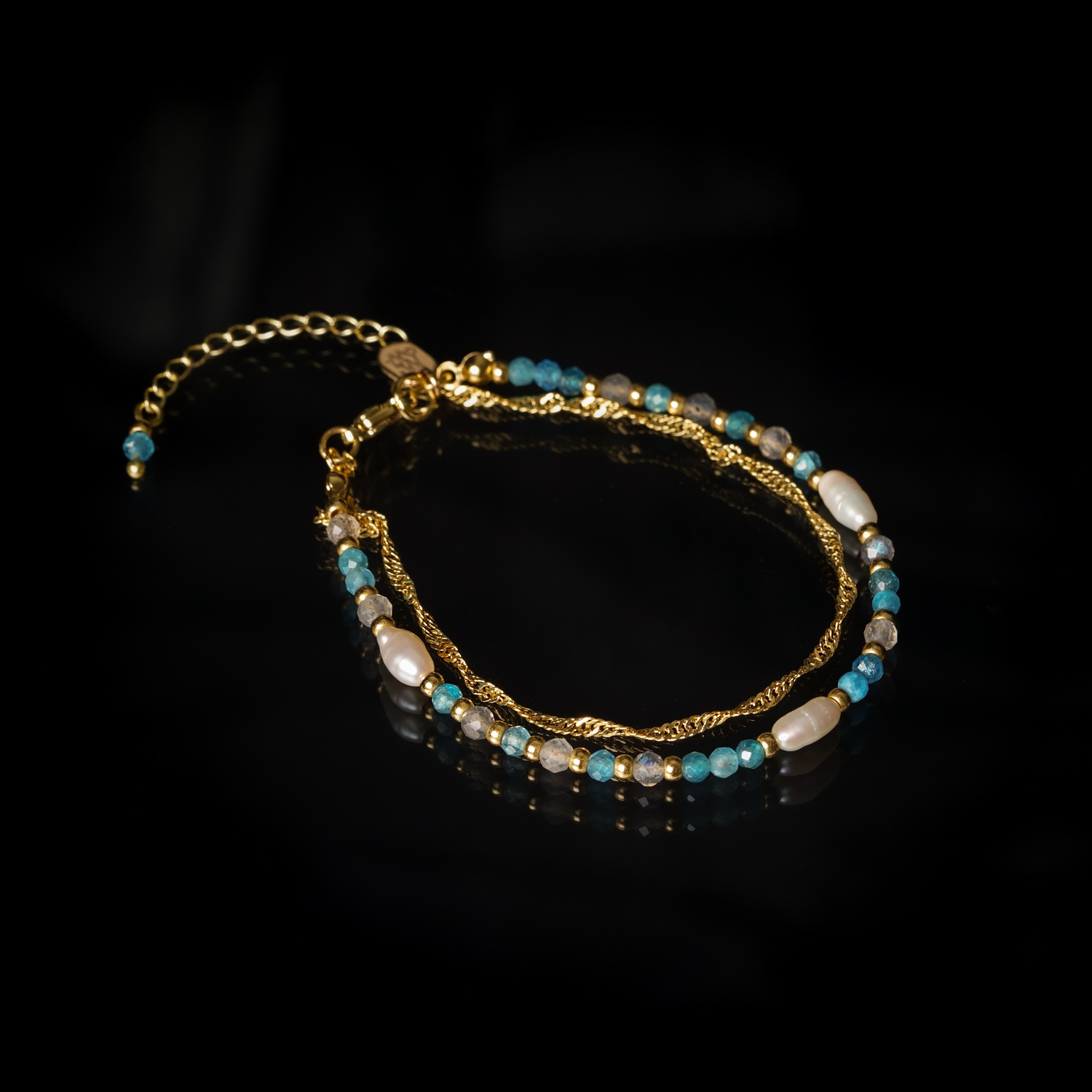 高維美｜珍珠拉長石磷灰石銅鍍18k真金鏈條手鍊 B0034