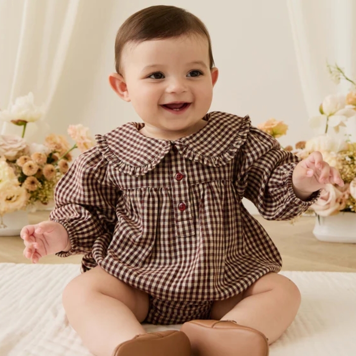 （預購）JAMIEKAY 方領格紋領片包屁衣 Organic Cotton Elowen Playsuit - Cinnamon Gingham