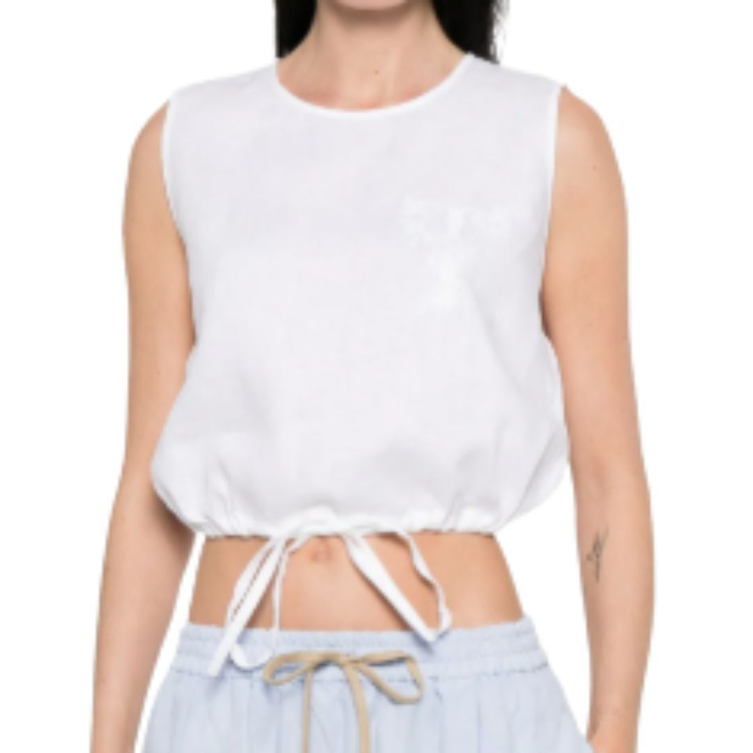 1TS0319-118 [TWINSET] Linen Top With Embroidered Logo White #261TT2303 (C-EU-E)