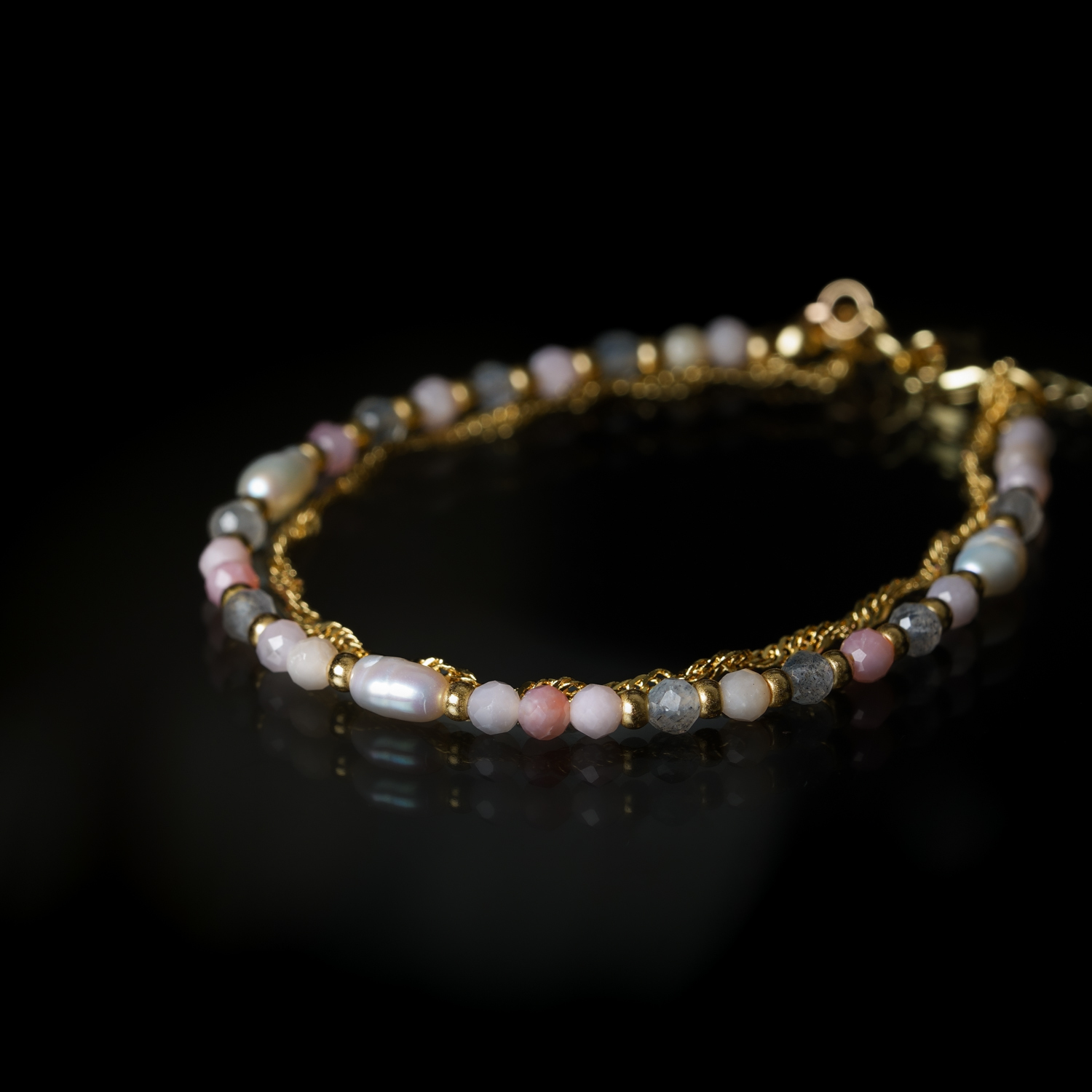 柔和美｜珍珠拉長石粉蛋白石銅鍍18k真金鏈條手鍊 B0035