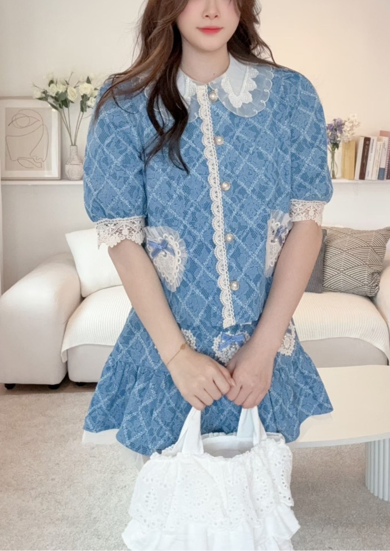 牛仔蕾絲領菱線襯衫 短裙(分售)