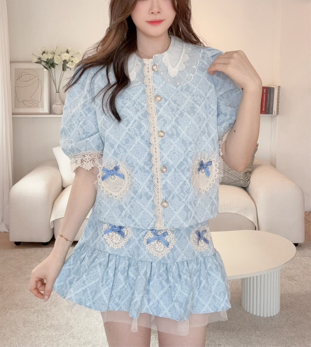 牛仔蕾絲領菱線襯衫 短裙(分售)