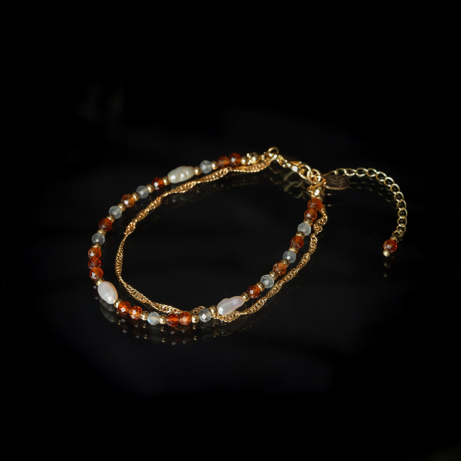 向陽美｜珍珠拉長石橙石榴銅鍍18k真金鏈條手鍊 B0036