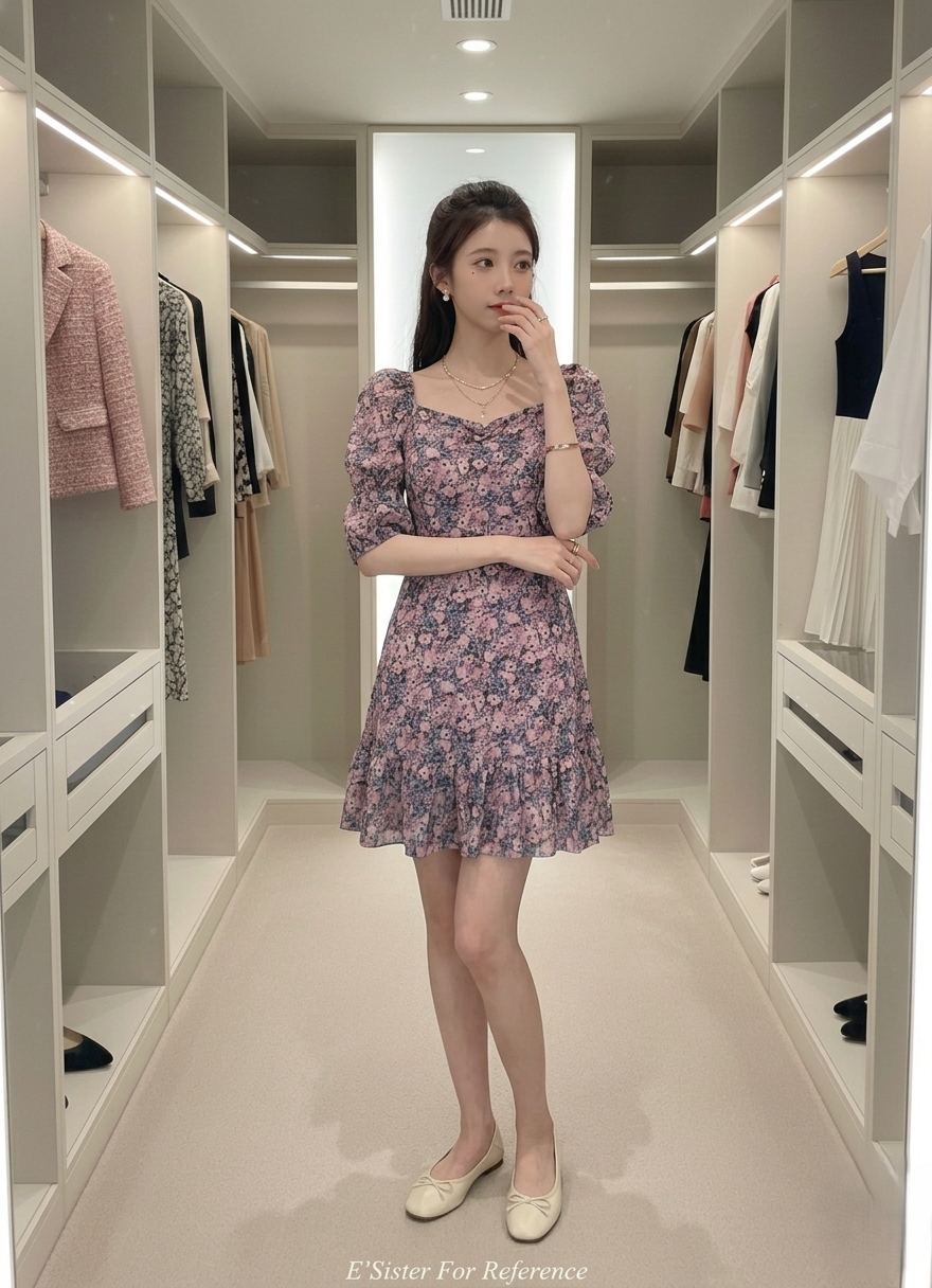 法式浪漫碎花方領蓬蓬袖連身裙 C369