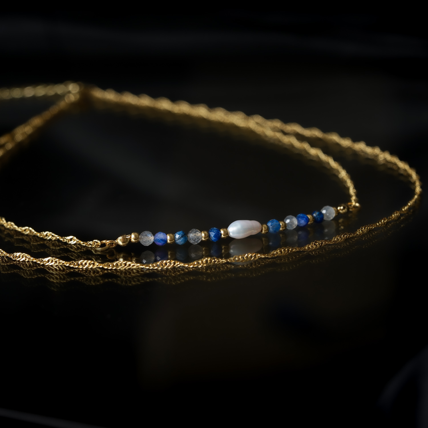 知性美｜珍珠拉長石藍晶銅鍍18k真金弧型項鍊 N0073-3