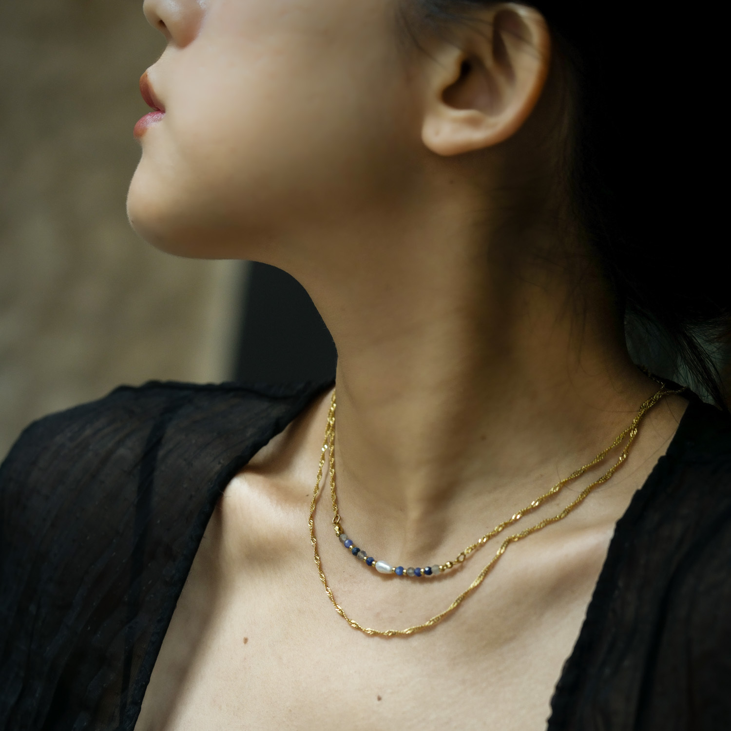 知性美｜珍珠拉長石藍晶銅鍍18k真金弧型項鍊 N0073-3