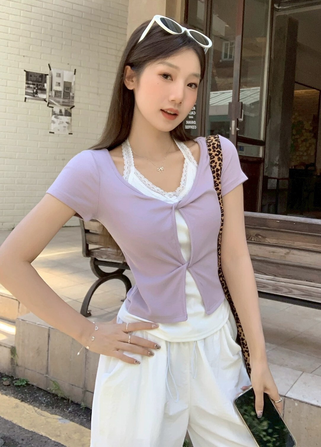 假兩件蕾絲掛脖扭結衣