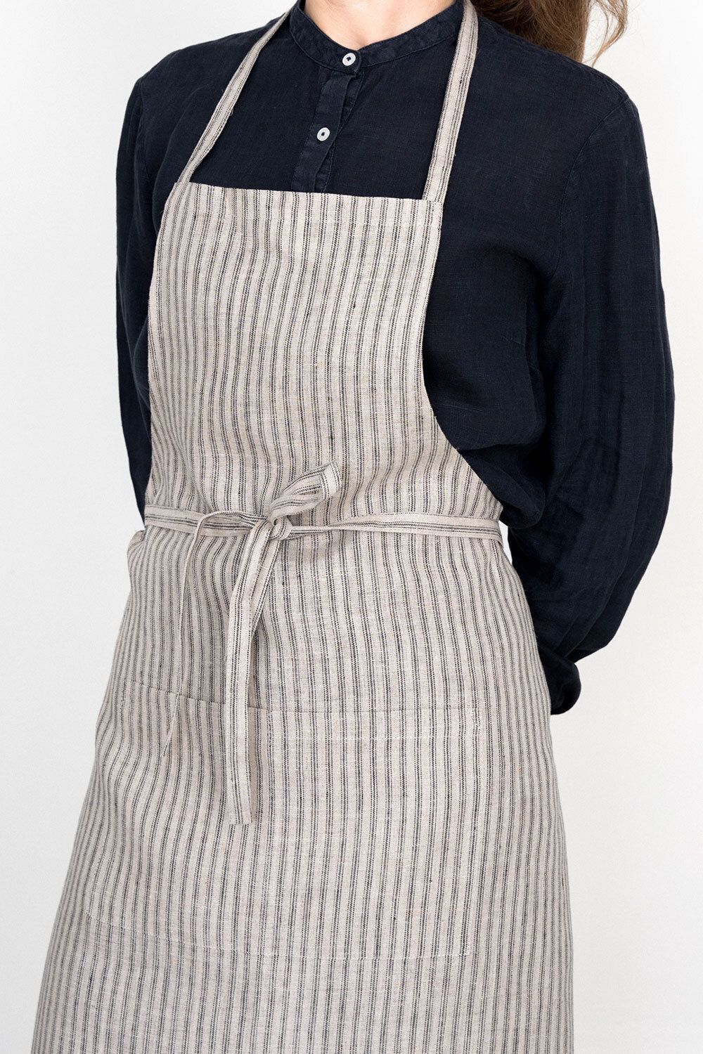 fog linen work - 亞麻全身圍裙 / 百靈鳥灰底黑線三條紋