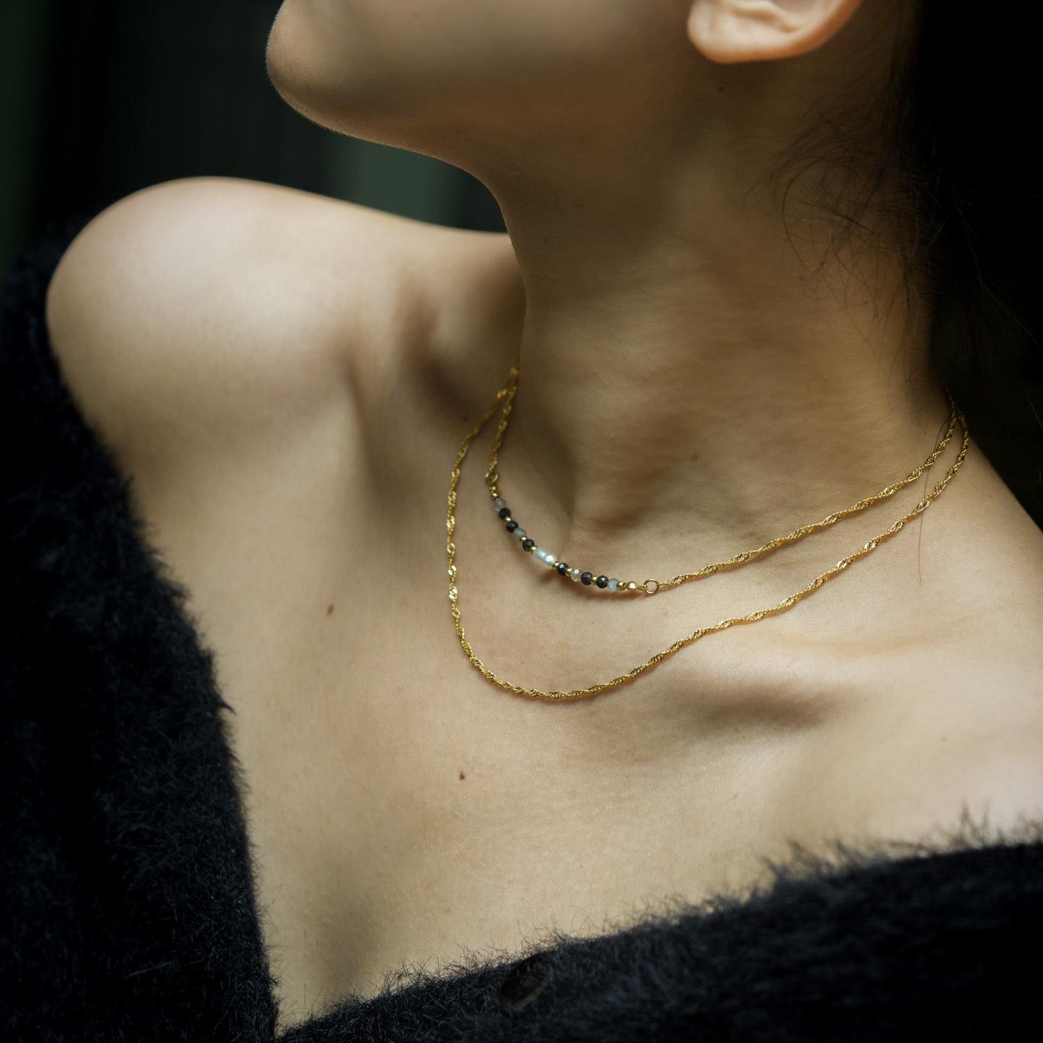 經典美｜珍珠拉長石彩曜石銅鍍18k真金弧型項鍊 N0073-4