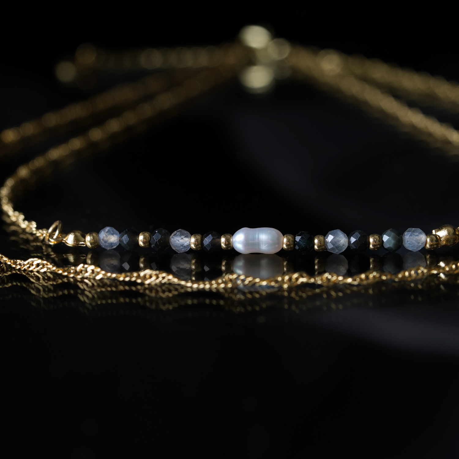 經典美｜珍珠拉長石彩曜石銅鍍18k真金弧型項鍊 N0073-4