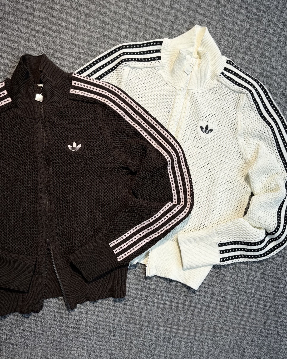 ADIDAS ORIGINALS FIREBIRD CROCHET TRACK TOP 針織立領外套 編織 短板 雙拉鏈 宋雨琦同款 女款 象牙白黑 KC6496 摩卡粉 KE0202 / 調貨