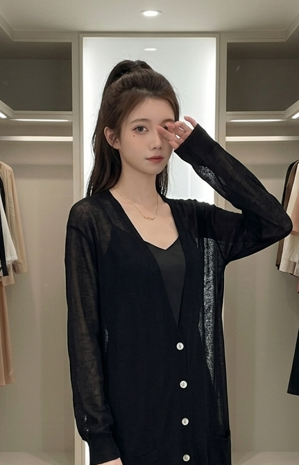 法式輕透系排釦長版針織罩衫 C371