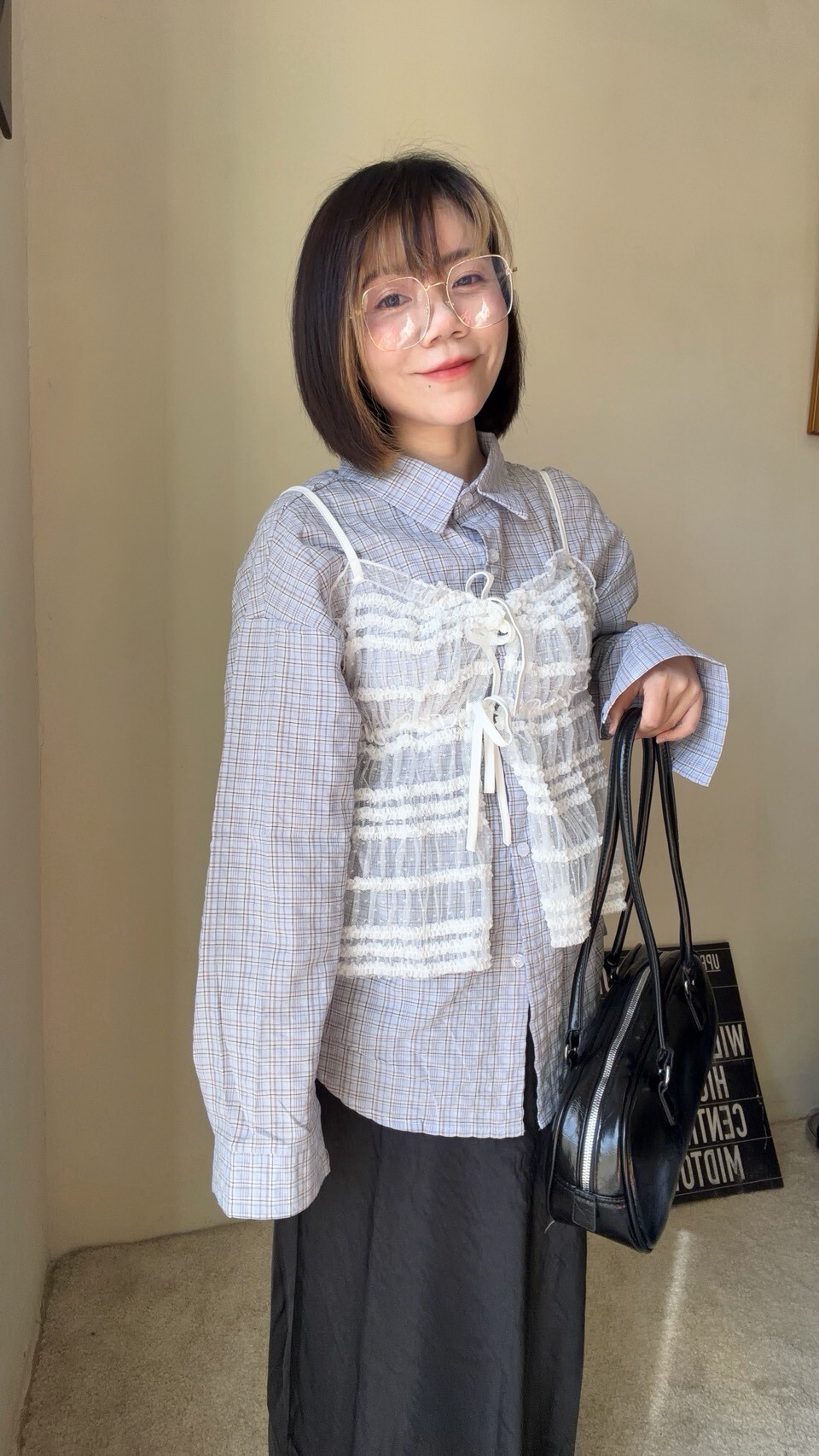 寬鬆口袋格紋襯衫s