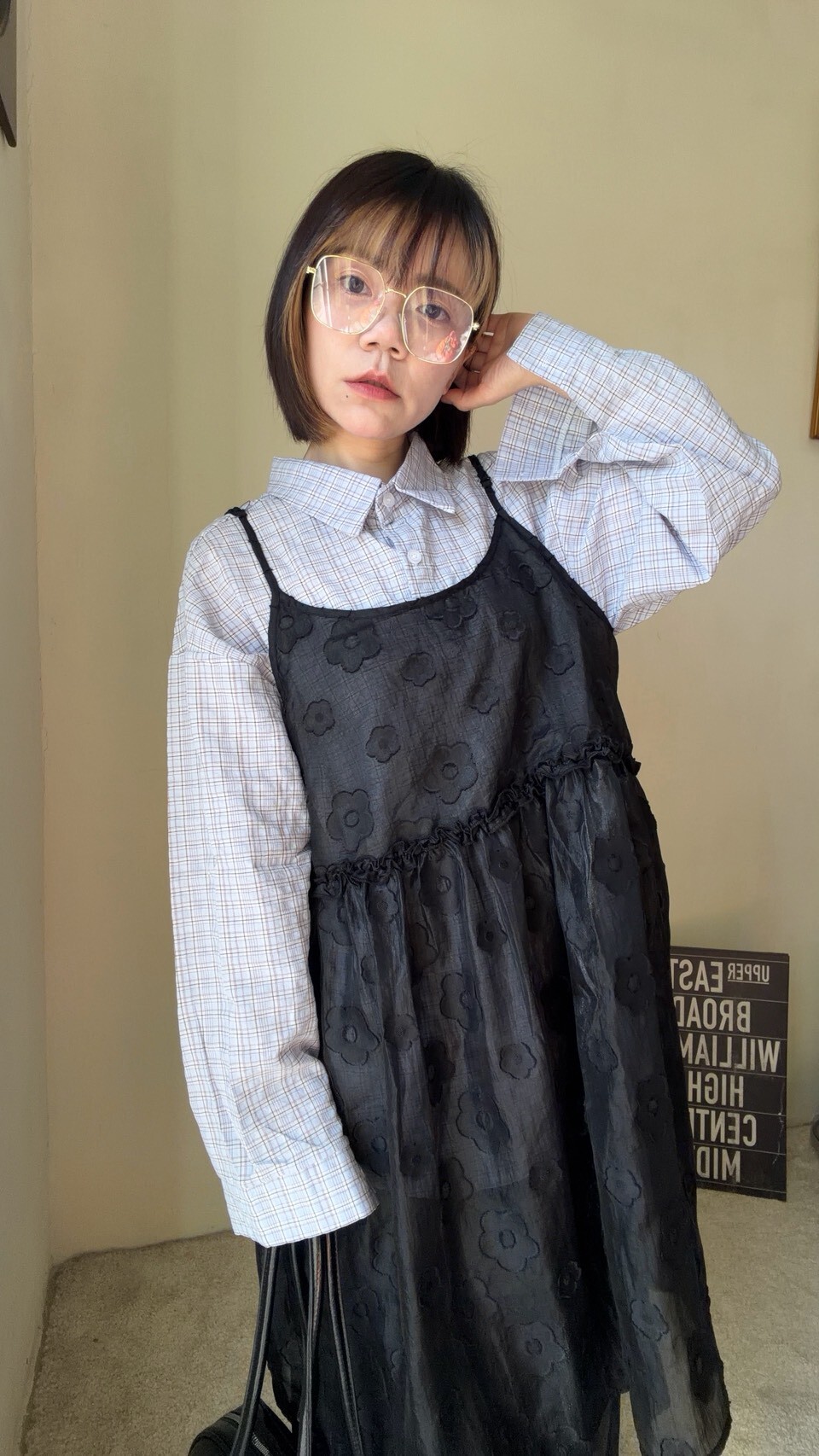 寬鬆口袋格紋襯衫s