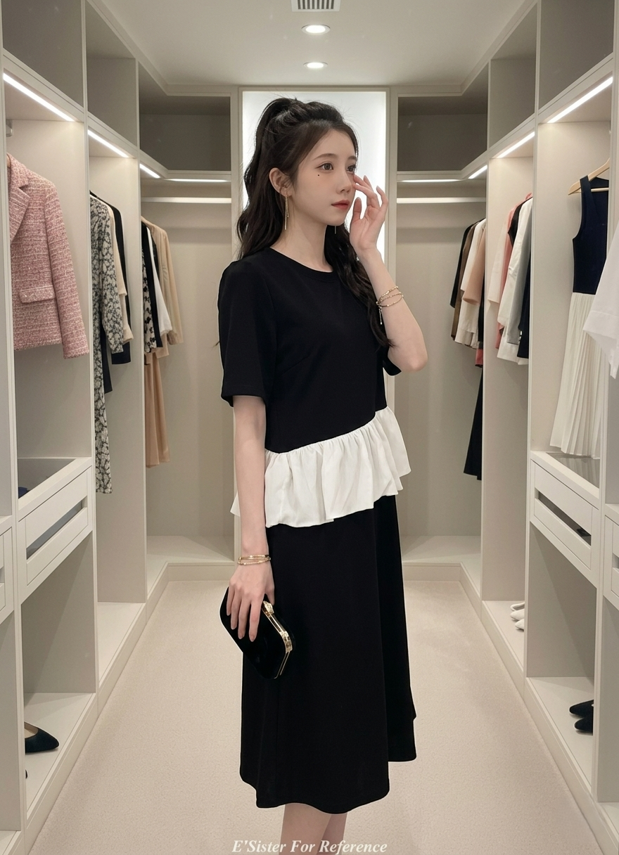 法式赫本風不對稱荷葉邊連身裙 C372