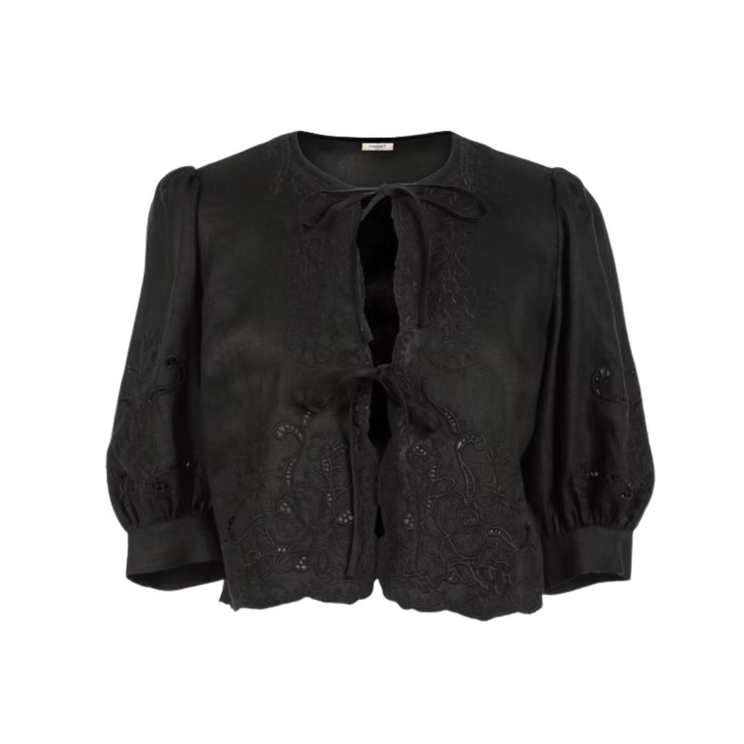 1TS0319-120 [TWINSET] Linen And Broderie Anglaise Shirt Black #261TT2120 (C-EU-E)