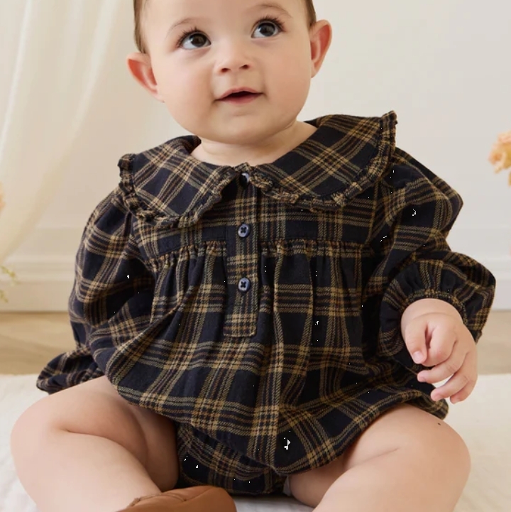 （預購）JAMIEKAY 荷葉領撞色格紋包屁衣衣 Organic Cotton Elowen Playsuit - Woodland Check
