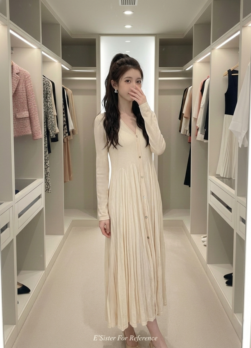 韓系溫柔奶油色V領針織長版洋裝 C375