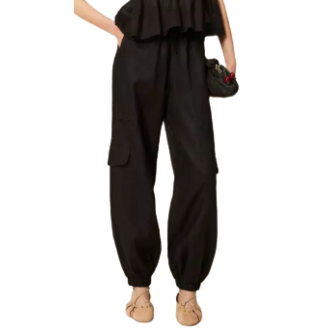 1TS0319-121 [TWINSET] Linen and Broderie Anglaise Jogger Trousers Black #261TT2121 (C-EU-E)
